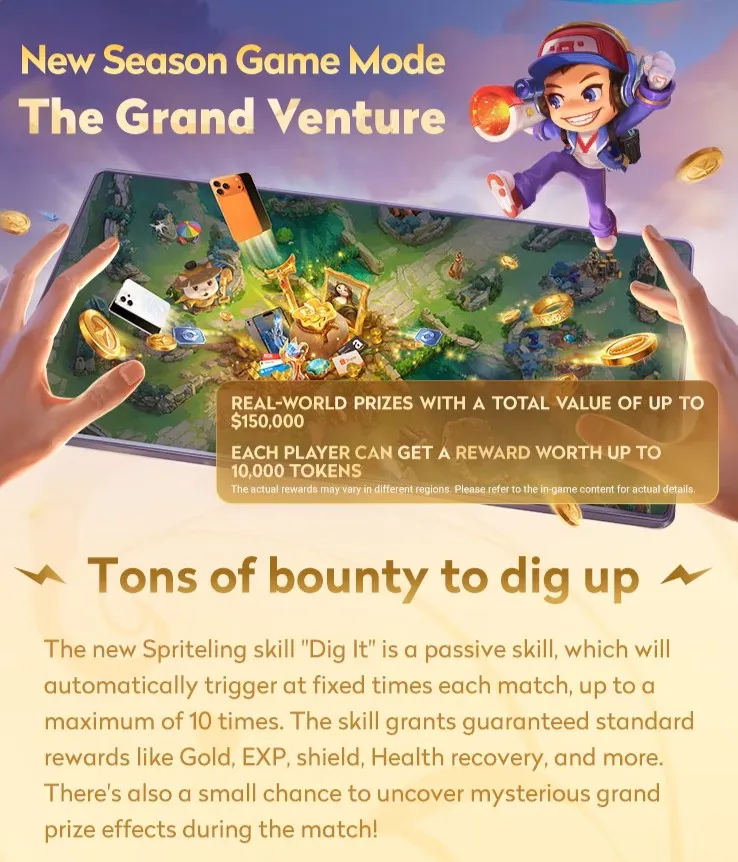 Official infographic: the Spriteling 'Dig It' skill triggers up to 10 times per match for treasures and prizes